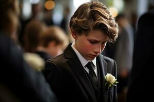 Portrait of a boy in a black suit with a funeral bouquet of flowers AI generated photo