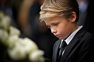 Portrait of a boy in a black suit with a funeral bouquet of flowers AI generated photo