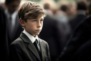 Portrait of a boy in a black suit with a funeral bouquet of flowers AI generated photo