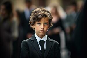 Portrait of a boy in a black suit with a funeral bouquet of flowers AI generated photo