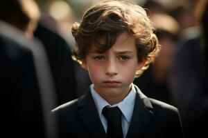 Portrait of a boy in a black suit with a funeral bouquet of flowers AI generated photo