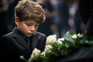 retrato de un chico en un negro traje con un funeral ramo de flores de flores ai generado foto