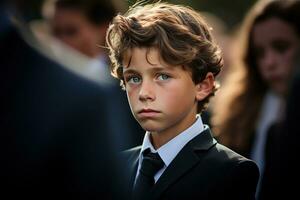 Portrait of a boy in a black suit with a funeral bouquet of flowers AI generated photo