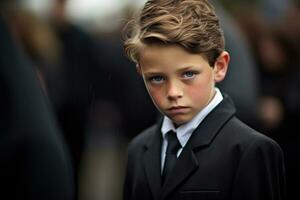 Portrait of a boy in a black suit with a funeral bouquet of flowers AI generated photo