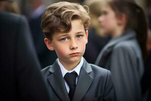 Portrait of a boy in a black suit with a funeral bouquet of flowers AI generated photo