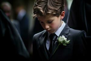 retrato de un chico en un negro traje con un funeral ramo de flores de flores ai generado foto