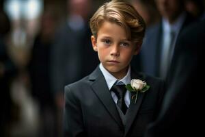 retrato de un chico en un negro traje con un funeral ramo de flores de flores ai generado foto