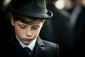 Portrait of a boy in a black suit with a funeral bouquet of flowers AI generated photo