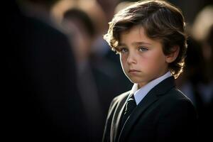 Portrait of a boy in a black suit with a funeral bouquet of flowers AI generated photo