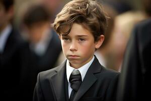 Portrait of a boy in a black suit with a funeral bouquet of flowers AI generated photo