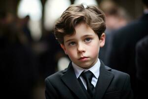 Portrait of a boy in a black suit with a funeral bouquet of flowers AI generated photo