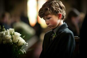 Portrait of a boy in a black suit with a funeral bouquet of flowers AI generated photo