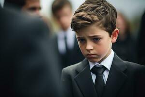 Portrait of a boy in a black suit with a funeral bouquet of flowers AI generated photo