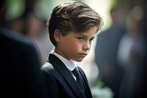 retrato de un chico en un negro traje con un funeral ramo de flores de flores ai generado foto