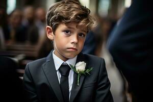 retrato de un chico en un negro traje con un funeral ramo de flores de flores ai generado foto