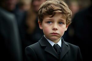 Portrait of a boy in a black suit with a funeral bouquet of flowers AI generated photo