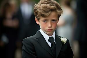 Portrait of a boy in a black suit with a funeral bouquet of flowers AI generated photo