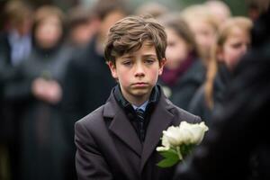 retrato de un chico en un negro traje con un funeral ramo de flores de flores ai generado foto