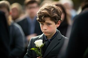 retrato de un chico en un negro traje con un funeral ramo de flores de flores ai generado foto