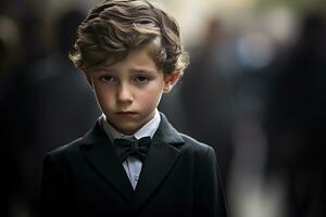 Portrait of a boy in a black suit with a funeral bouquet of flowers AI generated photo