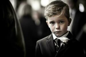 Portrait of a boy in a black suit with a funeral bouquet of flowers AI generated photo