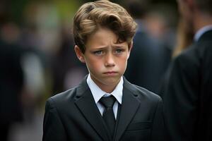 Portrait of a boy in a black suit with a funeral bouquet of flowers AI generated photo