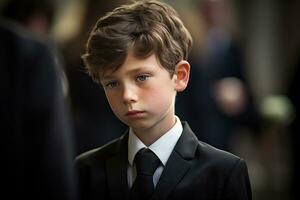 retrato de un chico en un negro traje con un funeral ramo de flores de flores ai generado foto