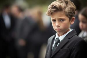 Portrait of a boy in a black suit with a funeral bouquet of flowers AI generated photo