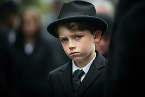 retrato de un chico en un negro traje con un funeral ramo de flores de flores ai generado foto