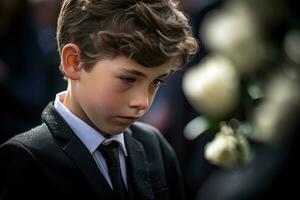 retrato de un chico en un negro traje con un funeral ramo de flores de flores ai generado foto