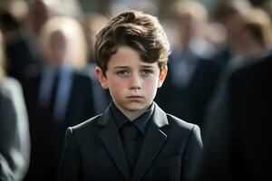 Portrait of a boy in a black suit with a funeral bouquet of flowers AI generated photo