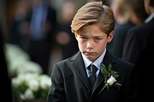 Portrait of a boy in a black suit with a funeral bouquet of flowers AI generated photo