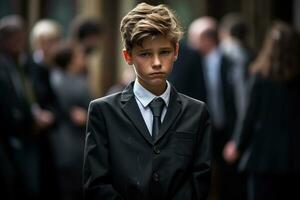 Portrait of a boy in a black suit with a funeral bouquet of flowers AI generated photo