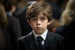 Portrait of a boy in a black suit with a funeral bouquet of flowers AI generated photo