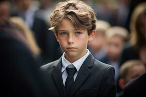 Portrait of a boy in a black suit with a funeral bouquet of flowers AI generated photo