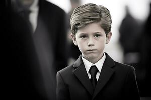 retrato de un chico en un negro traje con un funeral ramo de flores de flores ai generado foto