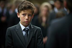 Portrait of a boy in a black suit with a funeral bouquet of flowers AI generated photo