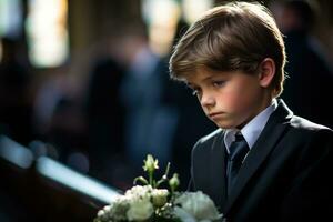 Portrait of a boy in a black suit with a funeral bouquet of flowers AI generated photo