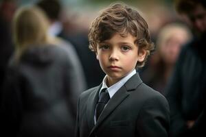 Portrait of a boy in a black suit with a funeral bouquet of flowers AI generated photo