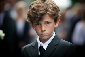 Portrait of a boy in a black suit with a funeral bouquet of flowers AI generated photo