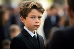 Portrait of a boy in a black suit with a funeral bouquet of flowers AI generated photo