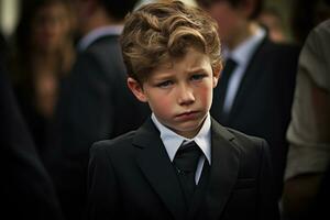 Portrait of a boy in a black suit with a funeral bouquet of flowers AI generated photo