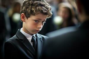 Portrait of a boy in a black suit with a funeral bouquet of flowers AI generated photo