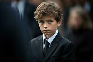 Portrait of a boy in a black suit with a funeral bouquet of flowers AI generated photo