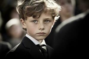 Portrait of a boy in a black suit with a funeral bouquet of flowers AI generated photo