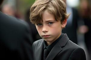 Portrait of a boy in a black suit with a funeral bouquet of flowers AI generated photo