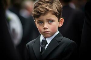 Portrait of a boy in a black suit with a funeral bouquet of flowers AI generated photo