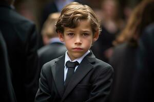 Portrait of a boy in a black suit with a funeral bouquet of flowers AI generated photo