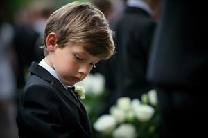 Portrait of a boy in a black suit with a funeral bouquet of flowers AI generated photo