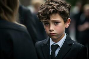 retrato de un chico en un negro traje con un funeral ramo de flores de flores ai generado foto